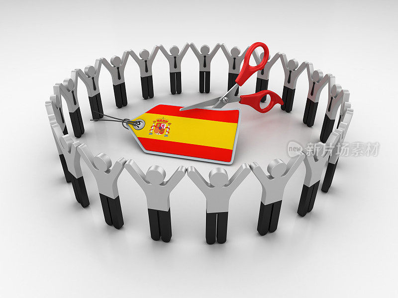 象形文字团队与西班牙国旗价格标签和剪刀- 3D渲染
